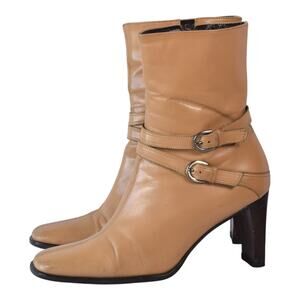 Tan Leather Double Buckle Ankle Boots - Square Toe Block Heel - US 5.5